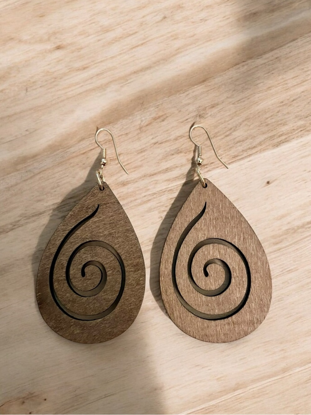Brown Wooden Carved Teardrop Earrings